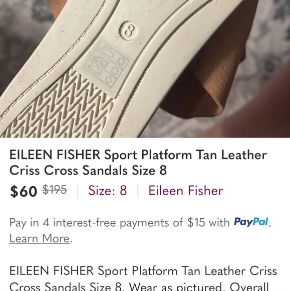 Eileen Fisher Sport Plantform Tan Leather Criss Cross Sandals Size 6.5