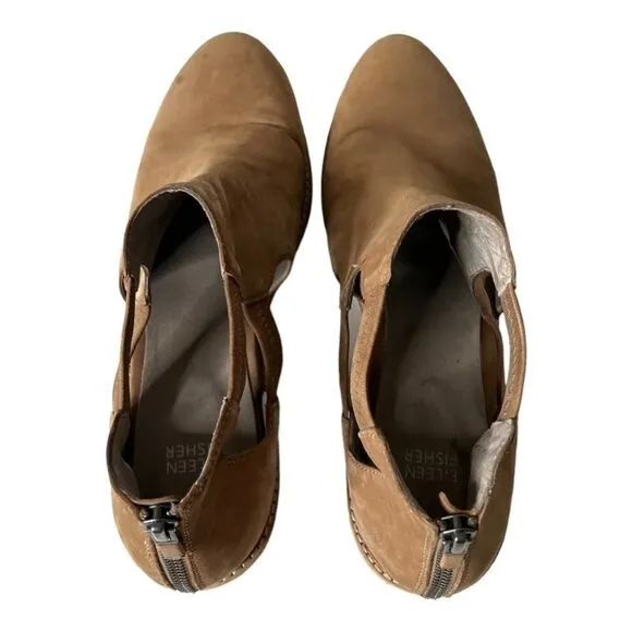 Eileen Fisher Vanda Nubuck Leather Tan Cut Out Casual Booties Size 7 B24A