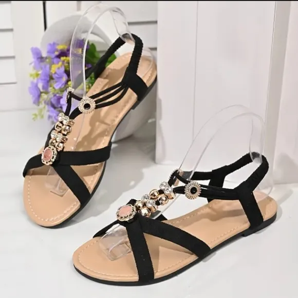 Elegant Black Sandals with Rhinestone Embellishments Sz 9.5