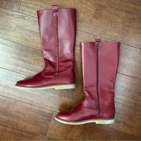 Elephantito Kid’s Braided Red Leather Knee-High Boots, Size 4
