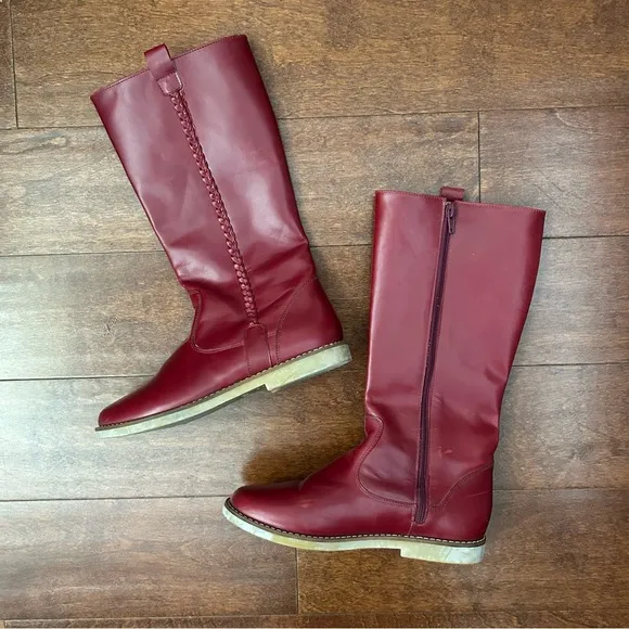 Elephantito Kid’s Braided Red Leather Knee-High Boots, Size 4