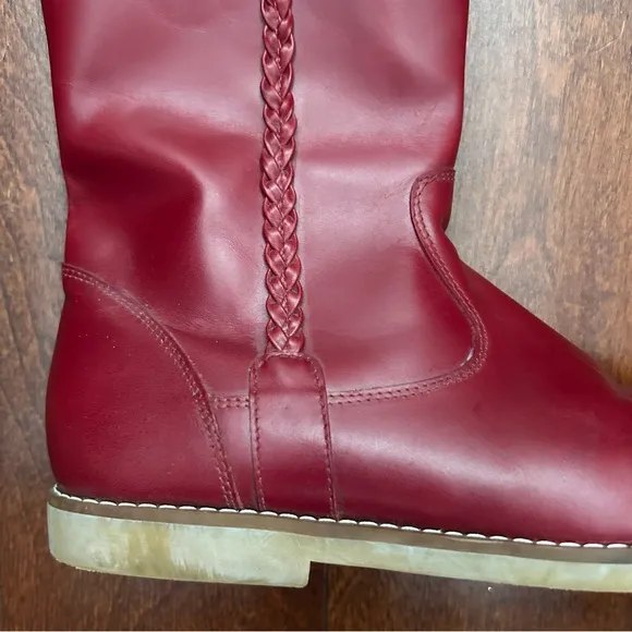 Elephantito Kid’s Braided Red Leather Knee-High Boots, Size 4