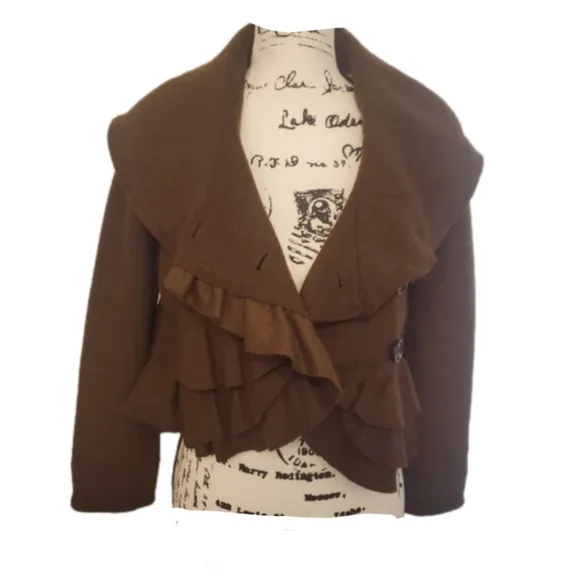 Elevenses | Brown Eschelons Antrho Double Breasted Statement Pea Coat - Size: 0P