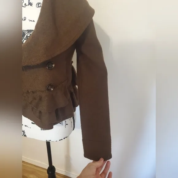 Elevenses | Brown Eschelons Antrho Double Breasted Statement Pea Coat - Size: 0P