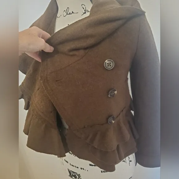 Elevenses | Brown Eschelons Antrho Double Breasted Statement Pea Coat - Size: 0P