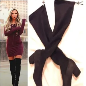 EXPRESS Over the Knee Boots Sz 8 BLOCK 3&quot; Heels BLACK Vegan Faux Suede Tall NWOT