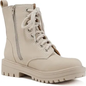 Fallon Combat Boots Beige by Soda Ankle Bootie Lace up‎ with Side Zipper