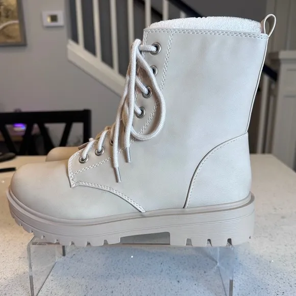 Fallon Combat Boots Beige by Soda Ankle Bootie Lace up‎ with Side Zipper