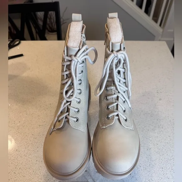 Fallon Combat Boots Beige by Soda Ankle Bootie Lace up‎ with Side Zipper