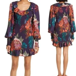 FARM Rio Flower Scarves Smocked Long Sleeve dress, size S, NWT