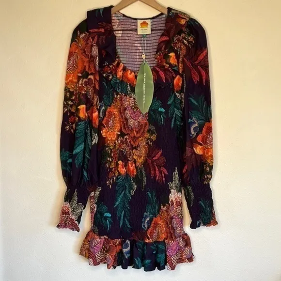FARM Rio Flower Scarves Smocked Long Sleeve dress, size S, NWT
