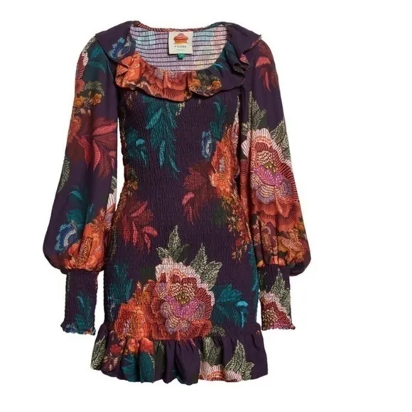 FARM Rio Flower Scarves Smocked Long Sleeve dress, size S, NWT
