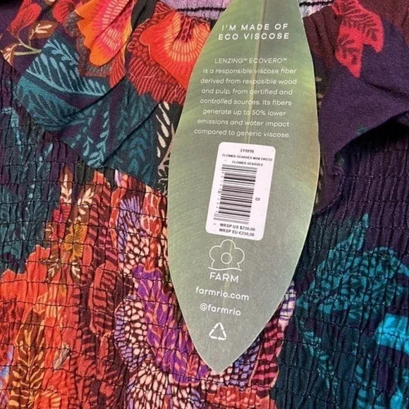 FARM Rio Flower Scarves Smocked Long Sleeve dress, size S, NWT