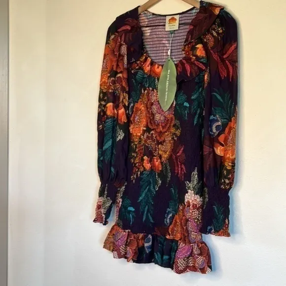FARM Rio Flower Scarves Smocked Long Sleeve dress, size S, NWT