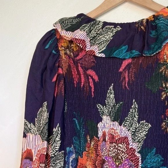 FARM Rio Flower Scarves Smocked Long Sleeve dress, size S, NWT