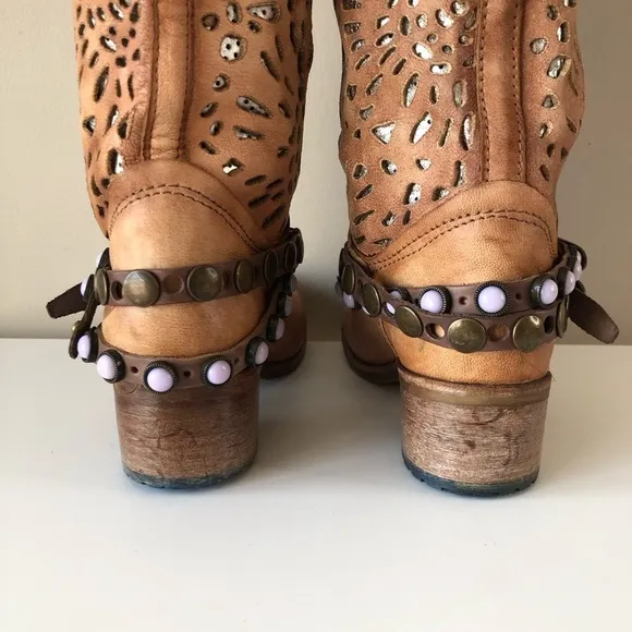 Felmini Vntg Tan laser cut Leather metallic gold studded wrap strap Boho Boot 36