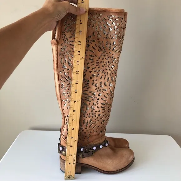 Felmini Vntg Tan laser cut Leather metallic gold studded wrap strap Boho Boot 36