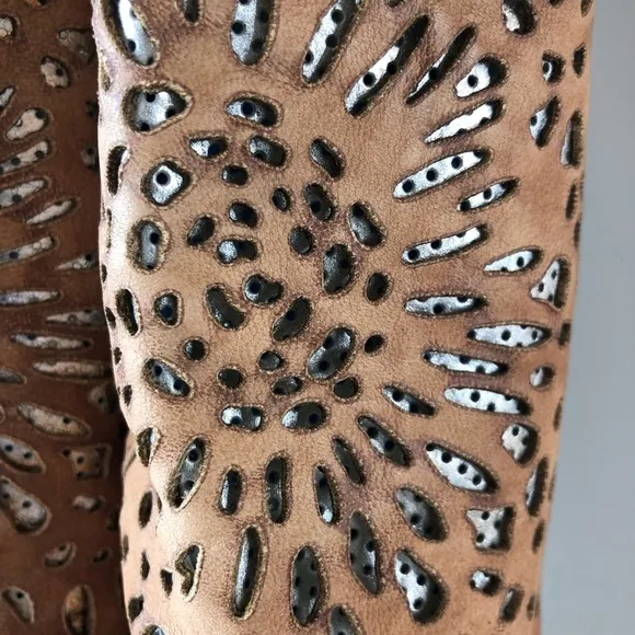 Felmini Vntg Tan laser cut Leather metallic gold studded wrap strap Boho Boot 36