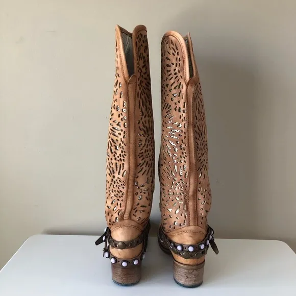 Felmini Vntg Tan laser cut Leather metallic gold studded wrap strap Boho Boot 36
