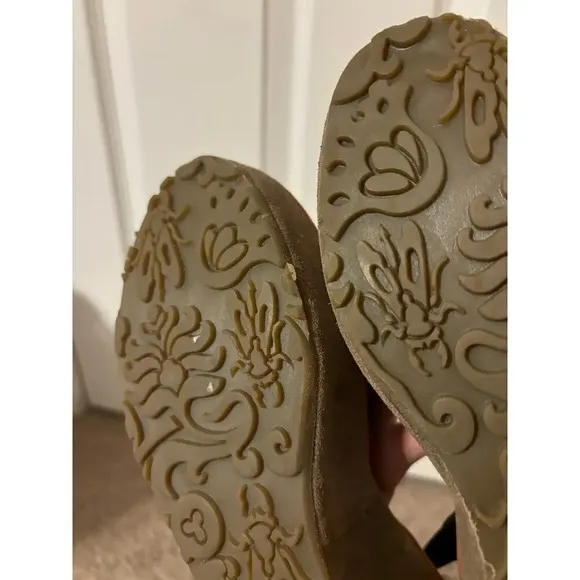 Fly London Pati tan black suede leather wedge platform sandal sz 7-7.5