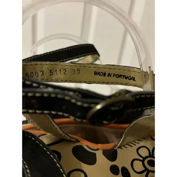 Fly London Pati tan black suede leather wedge platform sandal sz 7-7.5