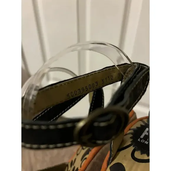 Fly London Pati tan black suede leather wedge platform sandal sz 7-7.5