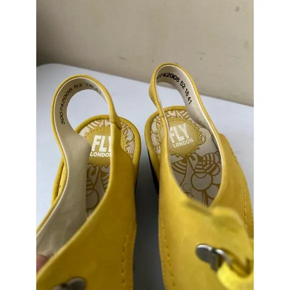 Fly London Shoes Lace Up Wedge Platform Slingback Yellow Leather Womens Size 41