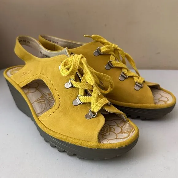 Fly London Shoes Lace Up Wedge Platform Slingback Yellow Leather Womens Size 41