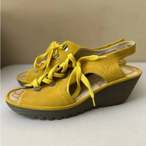 Fly London Shoes Lace Up Wedge Platform Slingback Yellow Leather Womens Size 41