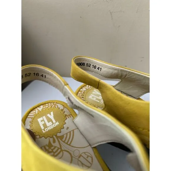 Fly London Shoes Lace Up Wedge Platform Slingback Yellow Leather Womens Size 41
