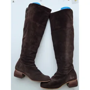 Fly London Tall Suede Brown Block Heel Boots Size 40 9 9.5 Over The Knee OTK