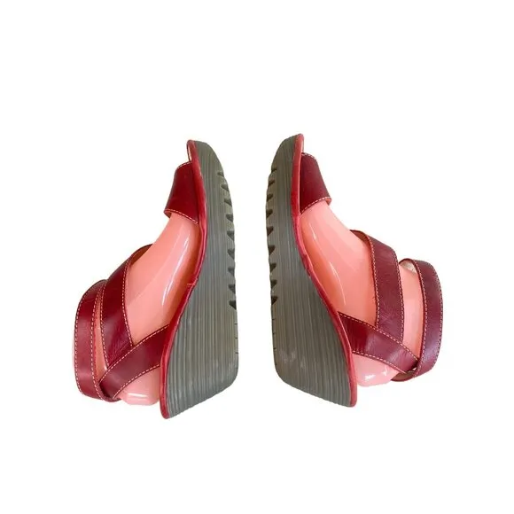 Fly London Yesk Red Strappy Sandals Wedge Heel Women's 9.5/10 EU 40