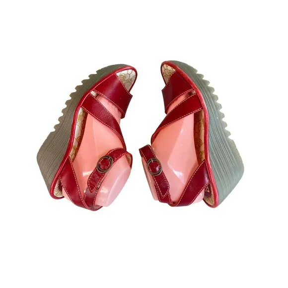 Fly London Yesk Red Strappy Sandals Wedge Heel Women's 9.5/10 EU 40