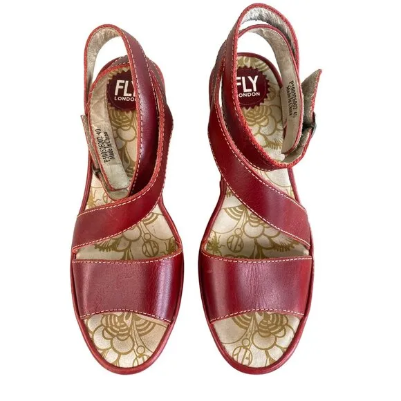 Fly London Yesk Red Strappy Sandals Wedge Heel Women's 9.5/10 EU 40