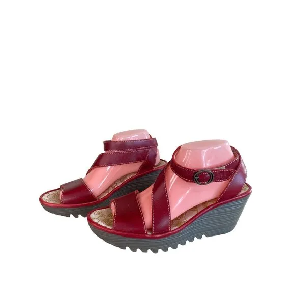 Fly London Yesk Red Strappy Sandals Wedge Heel Women's 9.5/10 EU 40