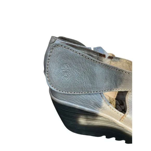 Fly London Yogo Crossover Leather  Shoes Wedge Lagenlook Boho Silver, Size 41