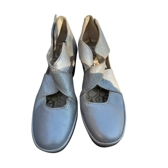 Fly London Yogo Crossover Leather  Shoes Wedge Lagenlook Boho Silver, Size 41