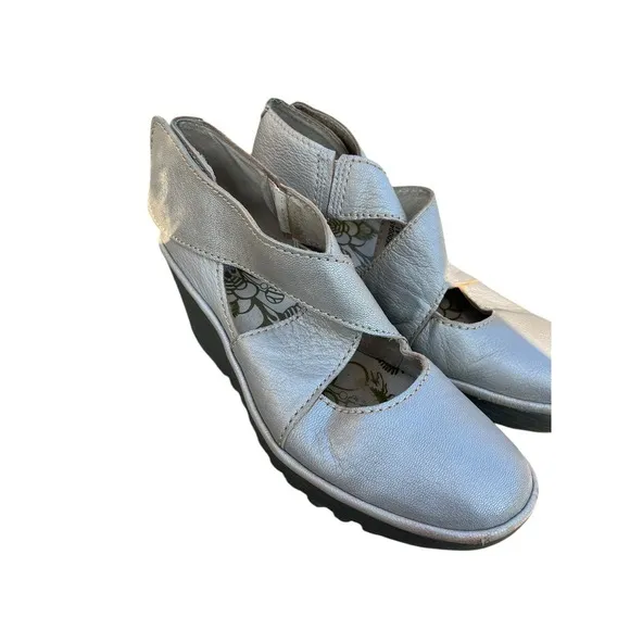 Fly London Yogo Crossover Leather  Shoes Wedge Lagenlook Boho Silver, Size 41