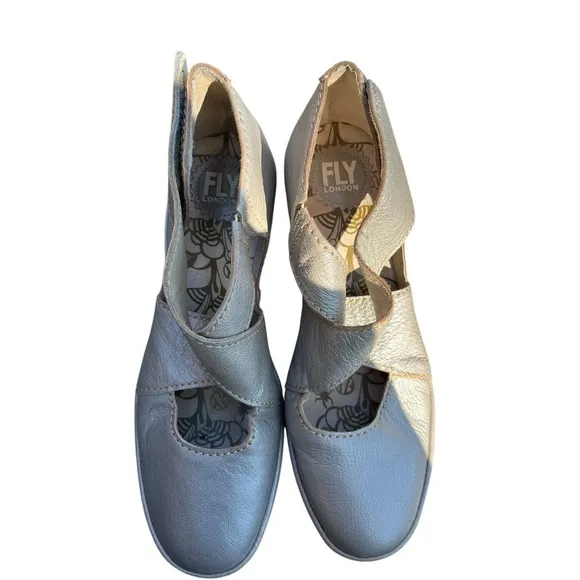 Fly London Yogo Crossover Leather  Shoes Wedge Lagenlook Boho Silver, Size 41