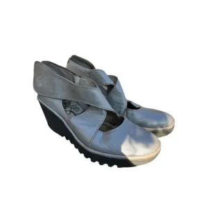Fly London Yogo Crossover Leather  Shoes Wedge Lagenlook Boho Silver, Size 41