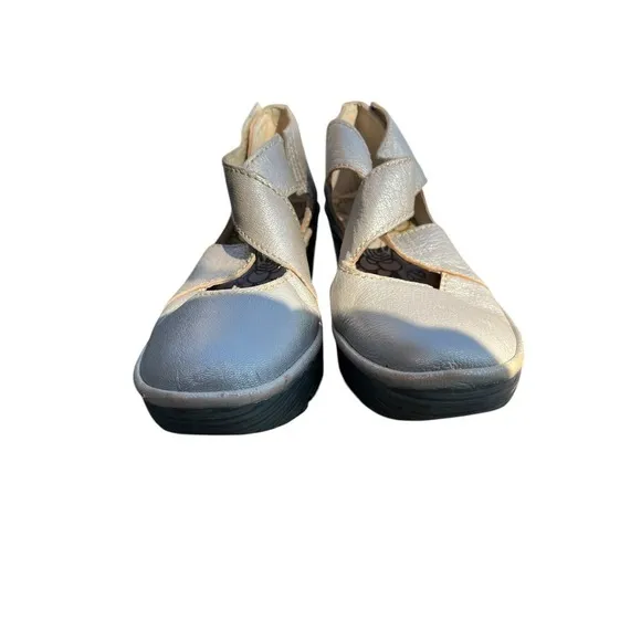 Fly London Yogo Crossover Leather  Shoes Wedge Lagenlook Boho Silver, Size 41