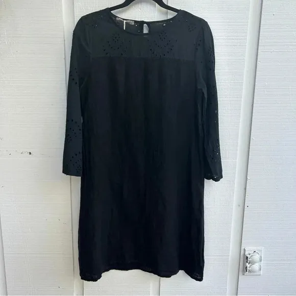 Francesca Bettini Made in Italy Black Linen Eyelet Detail Midi Shift Dress NWT