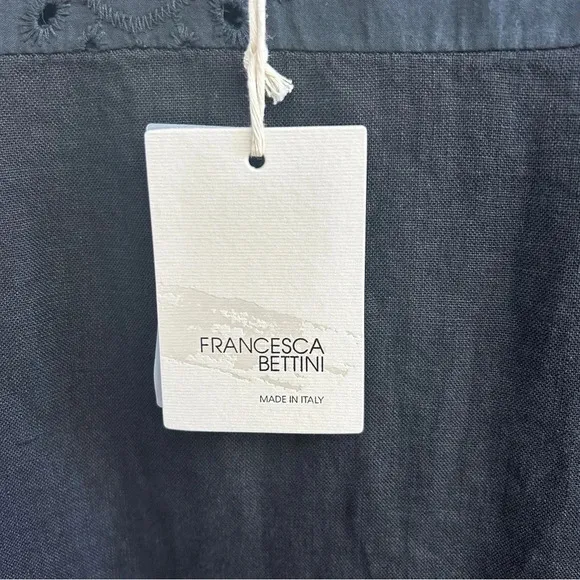 Francesca Bettini Made in Italy Black Linen Eyelet Detail Midi Shift Dress NWT