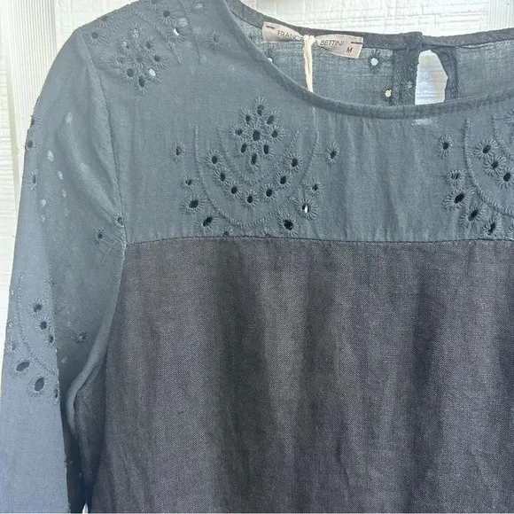 Francesca Bettini Made in Italy Black Linen Eyelet Detail Midi Shift Dress NWT