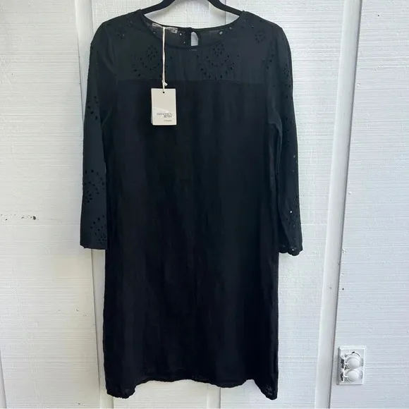 Francesca Bettini Made in Italy Black Linen Eyelet Detail Midi Shift Dress NWT