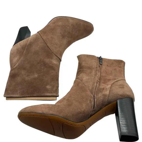 Franco Sarto Pia Nougat Suede Heeled Ankle Boots SZ 8.5 Almond Toe Taupe Tan