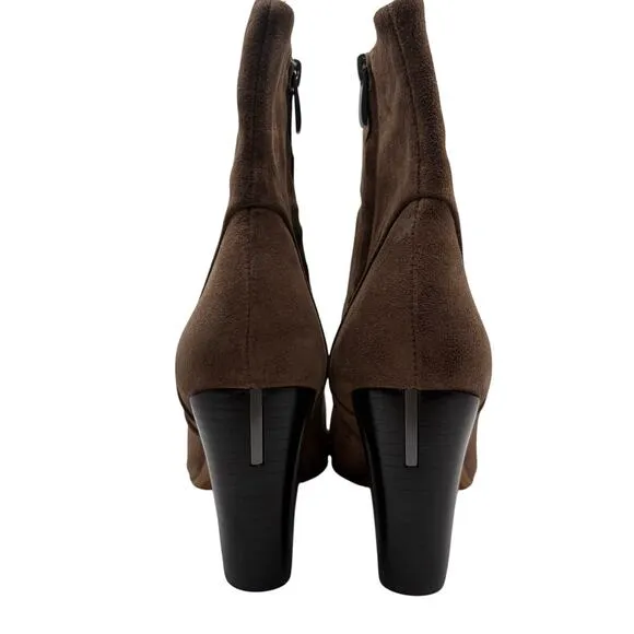 Franco Sarto Pia Nougat Suede Heeled Ankle Boots SZ 8.5 Almond Toe Taupe Tan