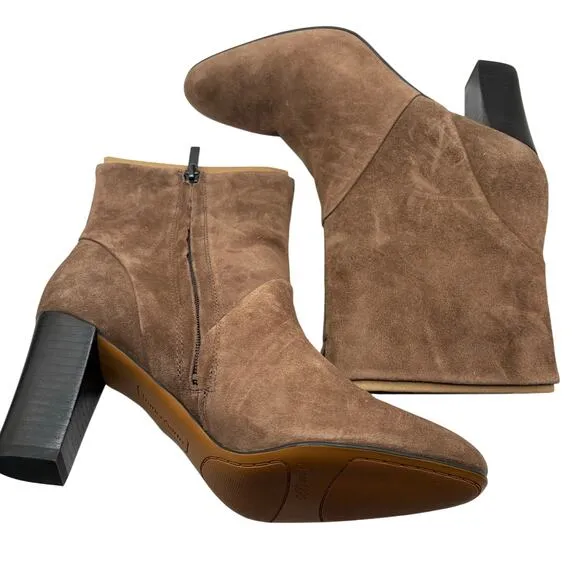 Franco Sarto Pia Nougat Suede Heeled Ankle Boots SZ 8.5 Almond Toe Taupe Tan