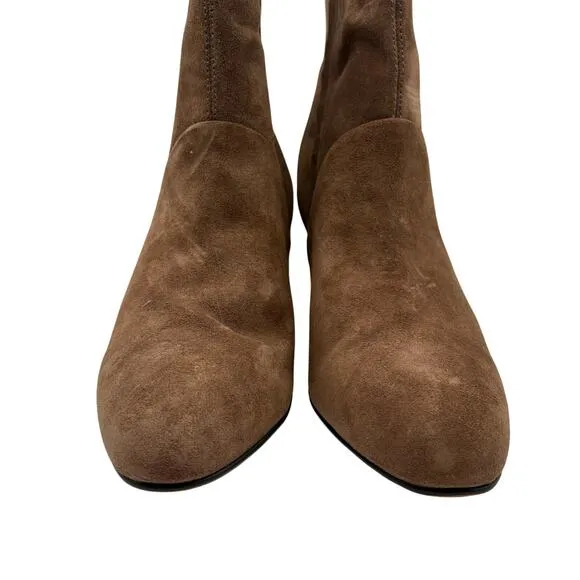 Franco Sarto Pia Nougat Suede Heeled Ankle Boots SZ 8.5 Almond Toe Taupe Tan