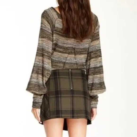 Free People Black Taupe Mid Rise Plaid Asymmetrical Mini Demi Wrap Skirt Size 4